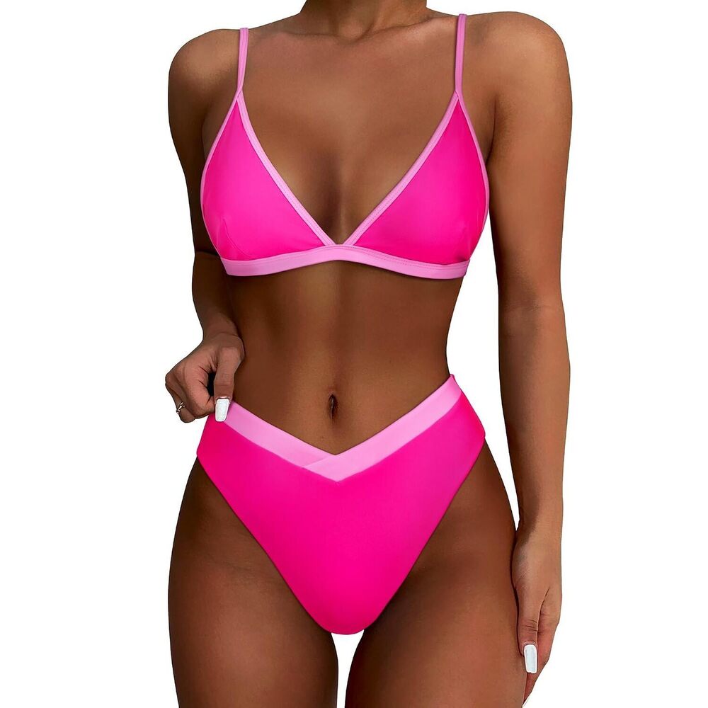 Women Triangle High Cut Bikini Sets Sexy High Waisted Color Block Two